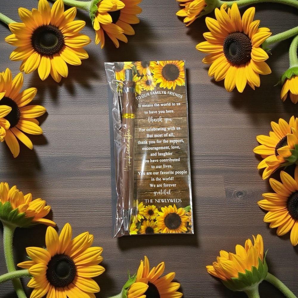 Sunflower Wedding Favor Pens with Thank You Cards Set of 15